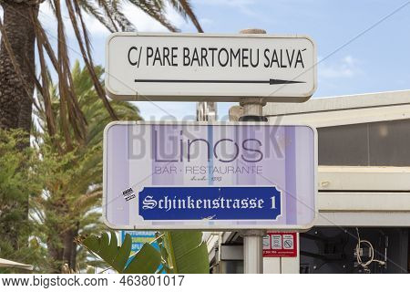 Palma De Mallorca, Spain - June 22, 2022: Street Sign Schinkenstrasse Engl: Ham Street, Spain: Barto