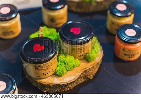 05.28.2022 Warsaw, Poland A Large Variety Of Cbd Candles In Transparent Jars. High Quality Photo