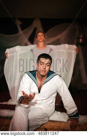 Theater Actor Artists Player Thespian Perform Play For Audience On Playhouse Public Stage. Theatre S