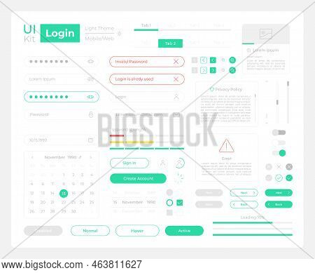 Login Procedure Ui Elements Kit. Security Isolated Vector Components. Flat Navigation Menus And Inte