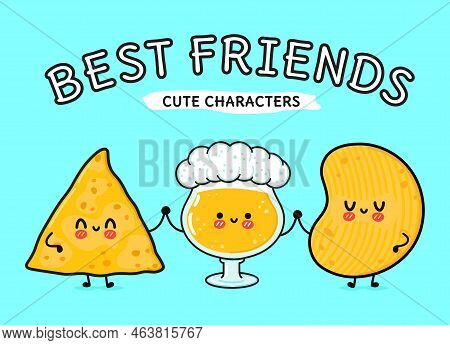 Cute, Funny Happy Glass Of Beer, Nachos And Chips. Vector Hand Drawn Cartoon Kawaii Characters, Illu