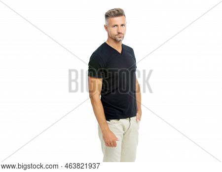 Studio Shot Of Caucasian Grizzled Man. Mature Grizzled Man Isolated On White Background.