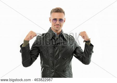 Successful Adult Grizzled Guy In Glasses Isolated On White Background. Grizzled Guy In Coat.
