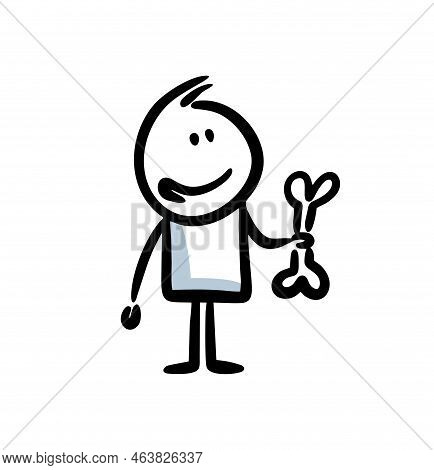 Funny Cute Man With Bone In His Hand And Smile On The Face.