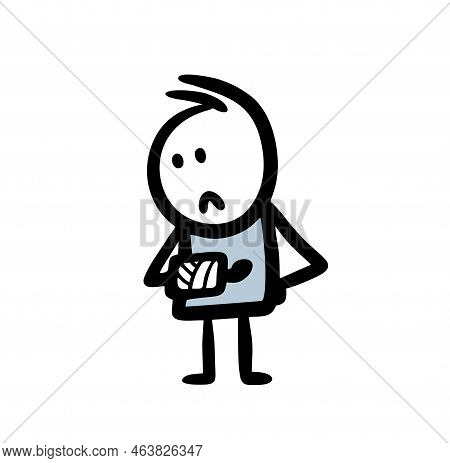 Cartoon Sad Man With The Arm Is In A Cast And Unhappy Face.