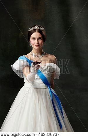Cheers. Young Charming Girl In Image Of Medieval Renaissance Person Or Viscountess With Red Wine Iso