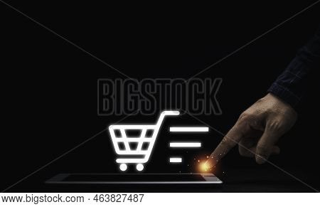Businessman Hand Touching On Tablet To Input Shopping Order For Online Shopping And E-commerce Conce