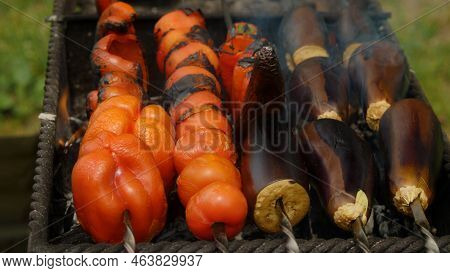 Peppers, Tomatoes And Eggplants On Skewers Roasted In The Grill. Delicious And Healthy Vegetables Fo