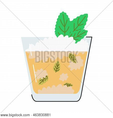 Mint Julep Summer Sweety Cocktail In Rocks Glass Isolated On White. Kentucky Traditional Long Drink 