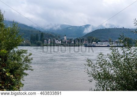 Town Of Visegrad And Ferry Terminal . View From Nagymaros, Danube Bend. The Danube River.
