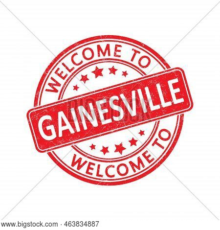 Welcome To Gainesville. Impression Of A Round Stamp With A Scuff. Flat Style