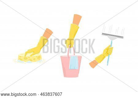 Hand In Yellow Glove Cleaning With Sponge, Bucket And Squeegee Vector Set