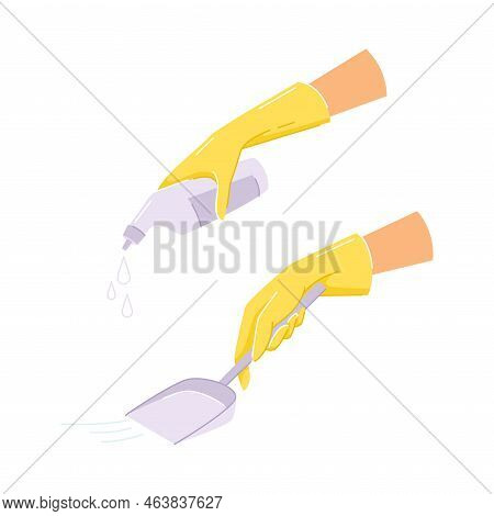 Hand In Yellow Glove Cleaning With Dustpan And Detergent Bottle Vector Set