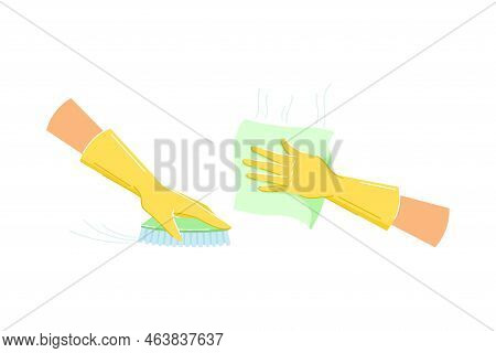 Hand In Yellow Glove Cleaning Floor With Brush And Rubbing With Wipe Vector Set