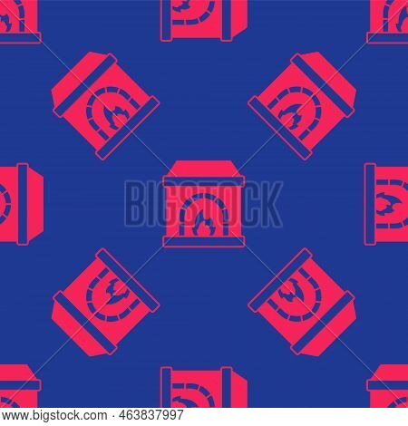 Red Blacksmith Oven Icon Isolated Seamless Pattern On Blue Background. Vector