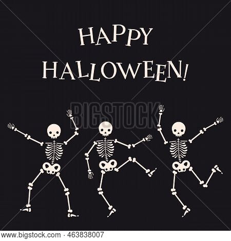 Cool Postcard Congratulations On Halloween. Postcard With Funny Dancing Skeletons On A Black Backgro