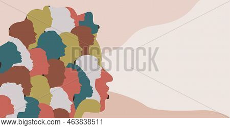 Abstract Female Head Silhouette Group Of Multicolor Women Profiles Inside Banner. Text Space. Concep