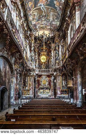 Munich, Germany - Jul 07, 2021: Interior Of The Baroque Asam Church, Asamkirche In Munich, Bavaria, 