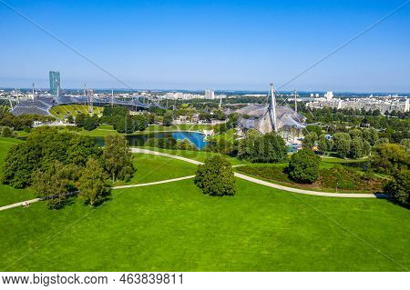Munich, Germany - Jul 27, 2021: Stadium Of The Olympiapark In Munich, Germany, Is An Olympic Park Wh