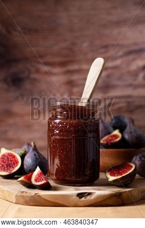 Autumn Preserves From Local Produce, Fig Jam Or Fig Marmalade On Wooden Board With Fresh, Ripe Figs,