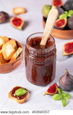 Autumn Preserves From Local Produce, Fig Jam Or Fig Marmalade On Light Grey Table With Fresh, Ripe F