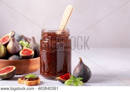 Autumn Preserves From Local Produce, Fig Jam Or Fig Marmalade On Light Grey Table With Fresh, Ripe F