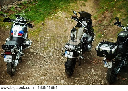 Vorokhta, Ukraine - March 10, 2021: Bmw R1200 Gs Motorcycles On A Dirt Road At Carpathian Mountains.