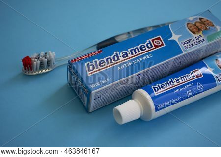 October 9, 2022 Ukraine City Kyiv Toothpaste Blend-a-med On A Colored Background