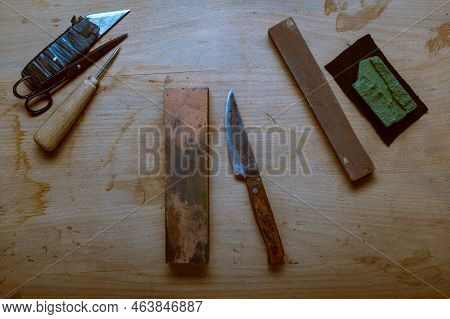 Old Rusty Knife And Tools. Goya Pasta And Grindstone. Knife And Handle In Tape. Old Hand Tools.