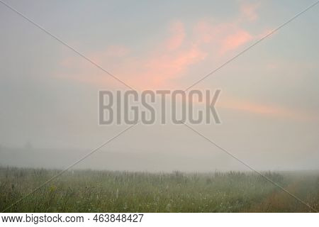 Serene Landscape In The Fog - The Shores Of Lake Otolovo In Belarus