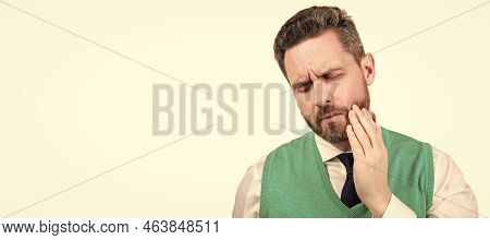 Man Face Portrait, Banner With Copy Space. Unhappy Mature Guy In Formalwear Suffering From Toothache