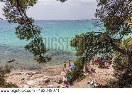 Akti Koviou Beach On Sithonia Peninsula, Chalkidiki, Greece. Summer Vacation Travel Holiday Backgrou