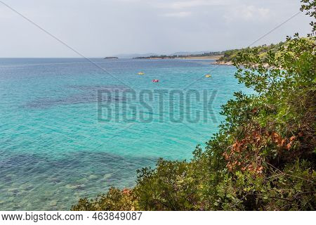 Akti Koviou Beach On Sithonia Peninsula, Chalkidiki, Greece. Summer Vacation Travel Holiday Backgrou