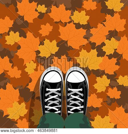 Autumn Poster For Your Design. Someone In Gumshoes Standing On Autumn Leaves. October Wether. Life S