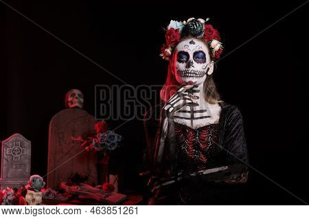 Glamorous Woman Wearing Traditional Body Art On Halloween Day Of The Dead, Having Flowers Crown. Fem