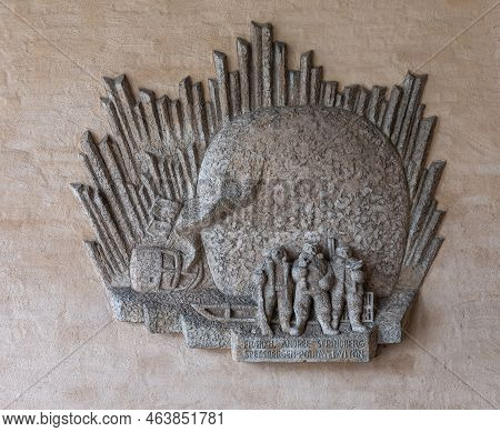 Sweden, Stockholm - July 16, 2022: Closeup, Mural Sculpture Remembering Exploration Of Polar Ice Whi