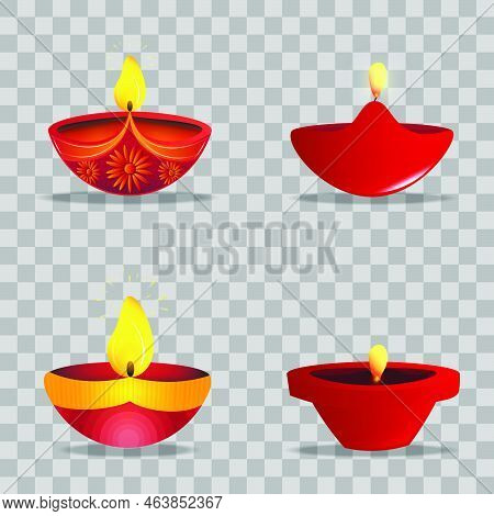 Set Of Diwali Diya Oil Lamps On Transparent Background. Festival Of Lights. Happy Diwali.