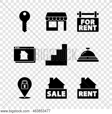 Set House Key, Market Store, Hanging Sign With For Rent, Location Lock, Sale, Online Real Estate Hou