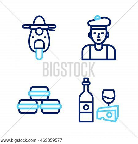 Set Line Wine Bottle With Cheese, Macaron Cookie, French Man And Scooter Icon. Vector