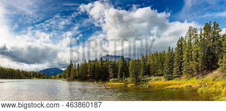 Panorama Of Johnson Lake In Banff National Park, Canada