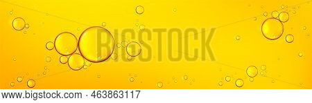 Background With Oil Drops Texture, Yellow Omega Bubbles, Gold Liquid Transparent Droplets. Template 