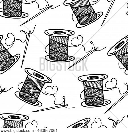 Seamless Thread Pattern With Needlepoint, Hand-drawn Doodle Elements In Sketch Style. Monochrome Bla