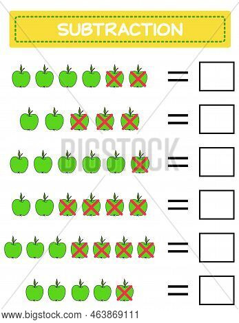Subtraction.  Math Worksheet For Kids. Developing Numeracy Skills. Solve Examples And Write. Mathema