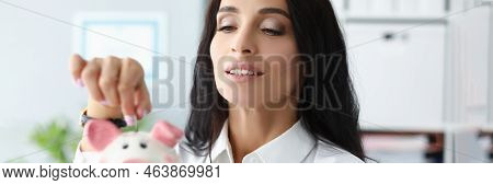 Portrait Of Pretty Woman Put Coin In Piggybank Container, Worker Save Money, Collect Cash, Take Care