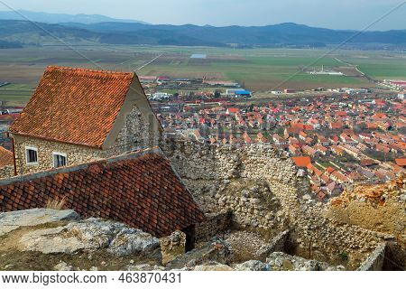 Rasnov Fortress Ancient Wall, Romania And Old Town High Angle View