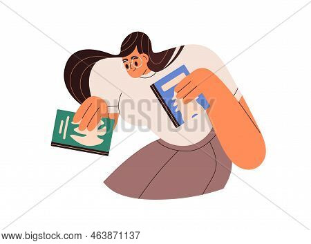 Woman Reader Taking Paper Books For Reading, Studying. Smart Girl Bookworm With Literature. Young Ha