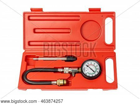 Engine Compression Tester Isolated On White Background. Set For Testing The Internal Combustion Engi