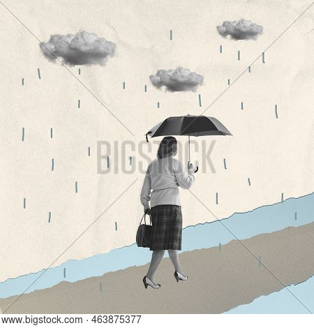 Sad Woman Walking Under Umbrella On Abstract Background With Drawings. Bright Contemporary Collage. 