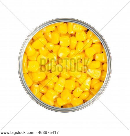 Sweet Corn Kernels, In An Opened Can. Cooked Canned Yellow Vegetable Maize, Zea Mays, Also Called Su