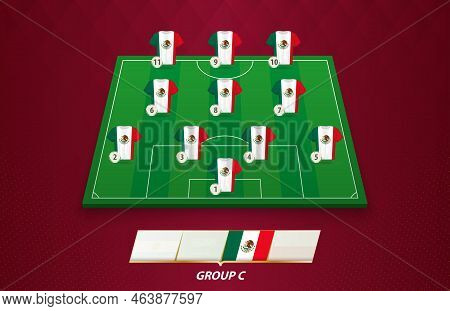 Football Field With Mexico Team Lineup For European Competition. Soccer Players On Half Football Fie